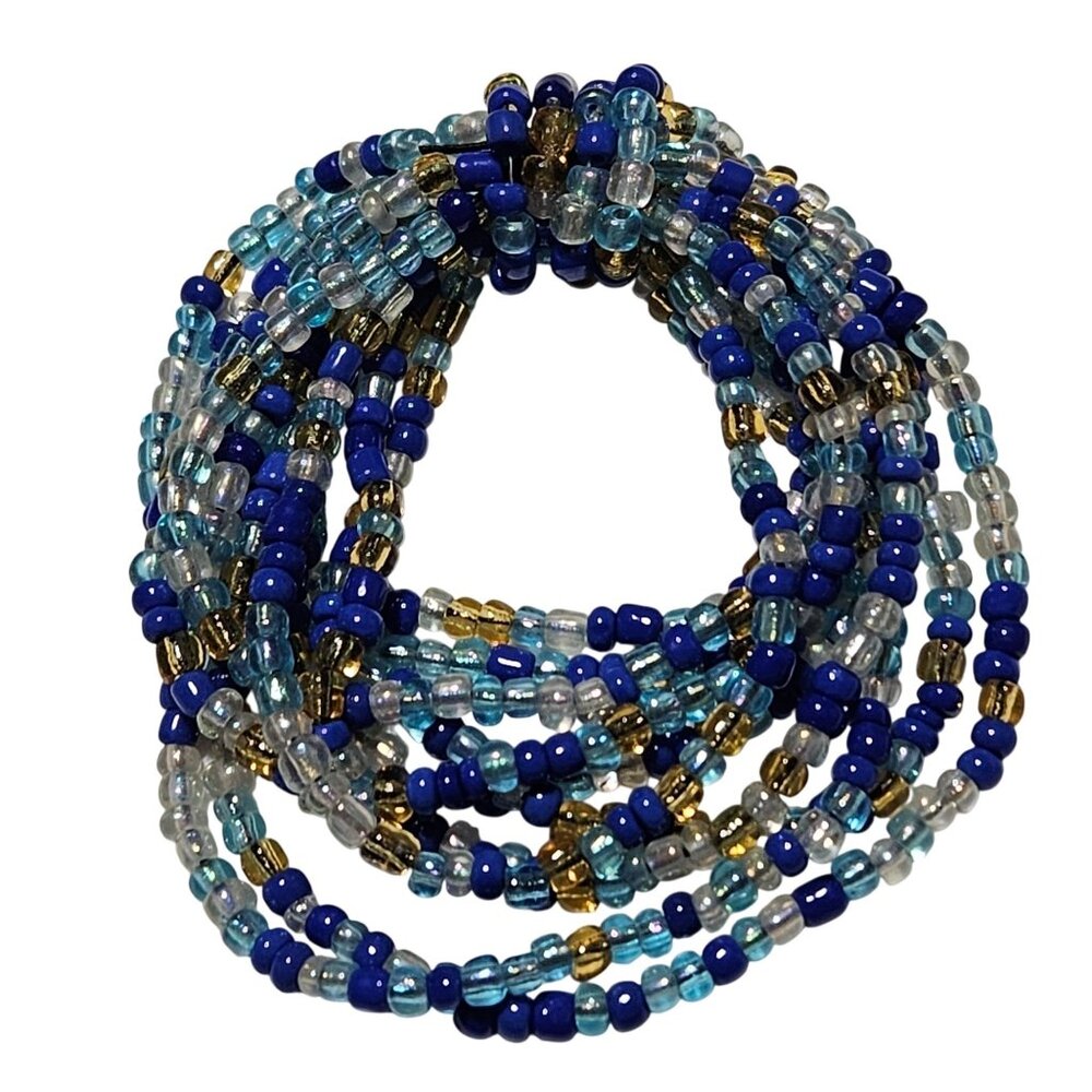 Statement Blue Gold Seed Beaded Multi Strand Stretch Bracelet Fashion Jewelry
